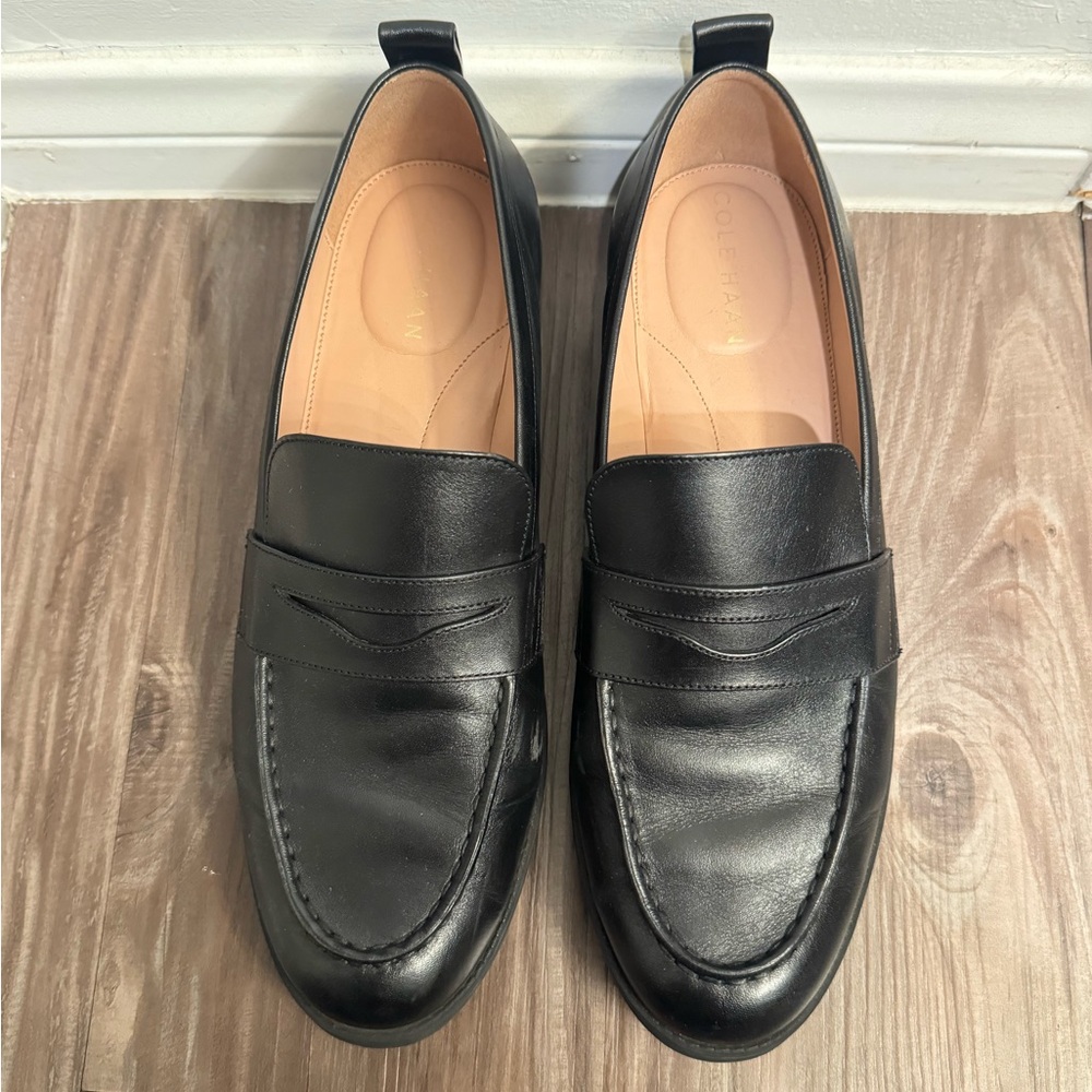 Cole Haan Black Leather Slip-On Penny Loafers